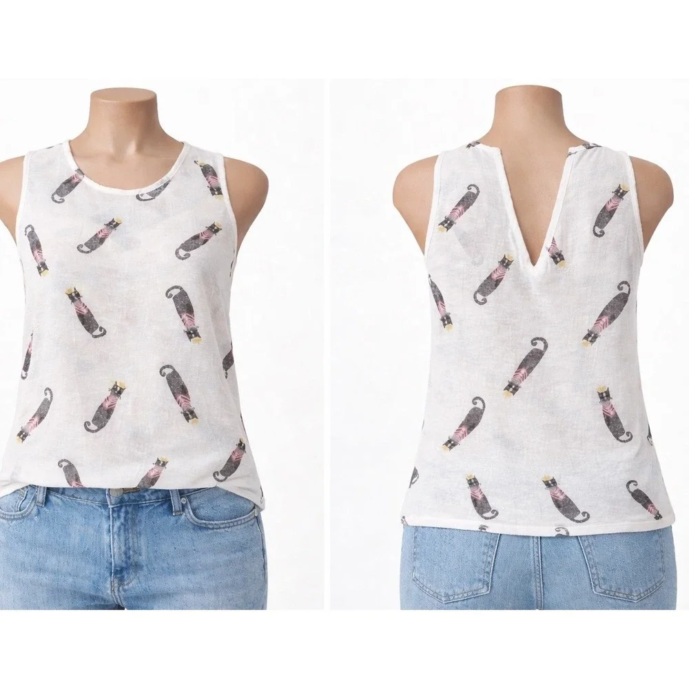 Tulip B Tank Top Womens‎ Medium White Cat Queen Princess Print Cotton Button Up